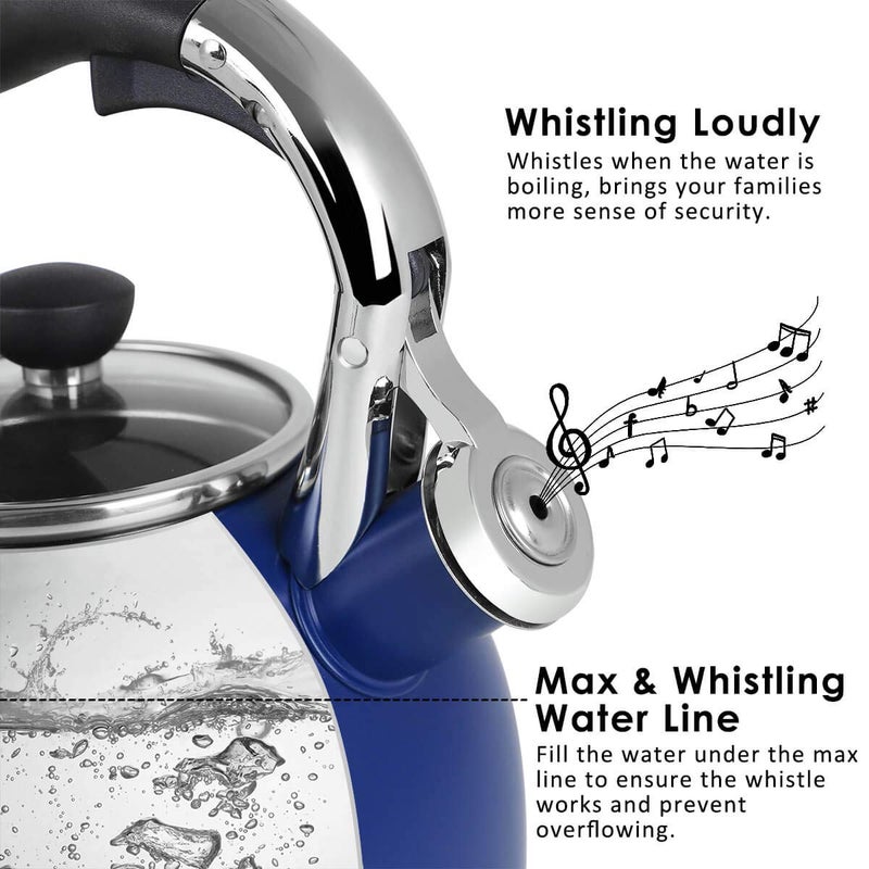 Rorence Stainless Steel Tea Kettle: 2.6 Quart Whistling Kettle with Capsule Bottom & Heat-resistant Glass Lid â€“ Navy Blue - Image 2